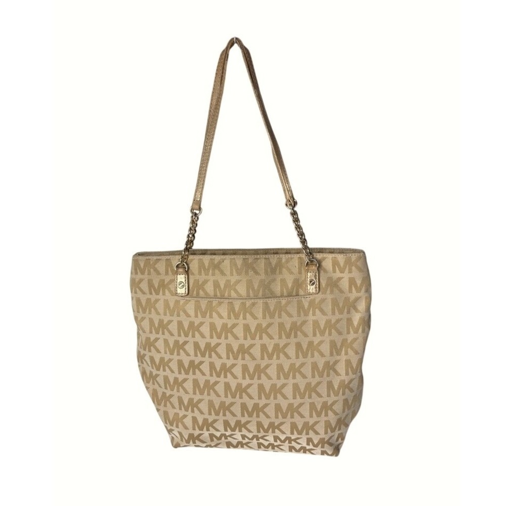 Michael Kors Double Strap Jet Set Monogram Tan Chain Tote Handbag